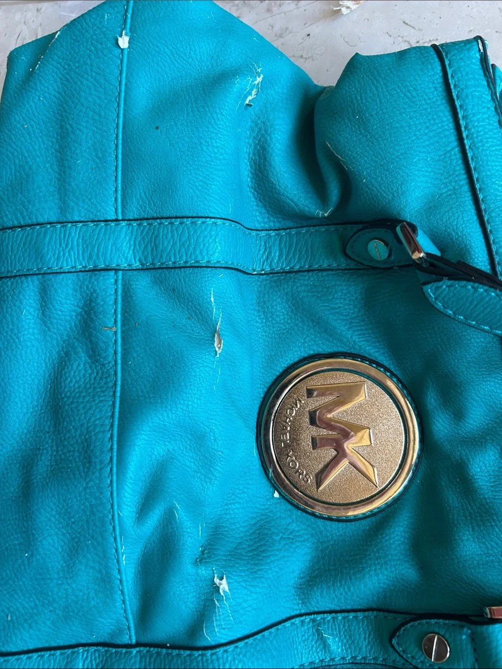 Michael Kors Teal Leather Logo Tote with Gold Medallion